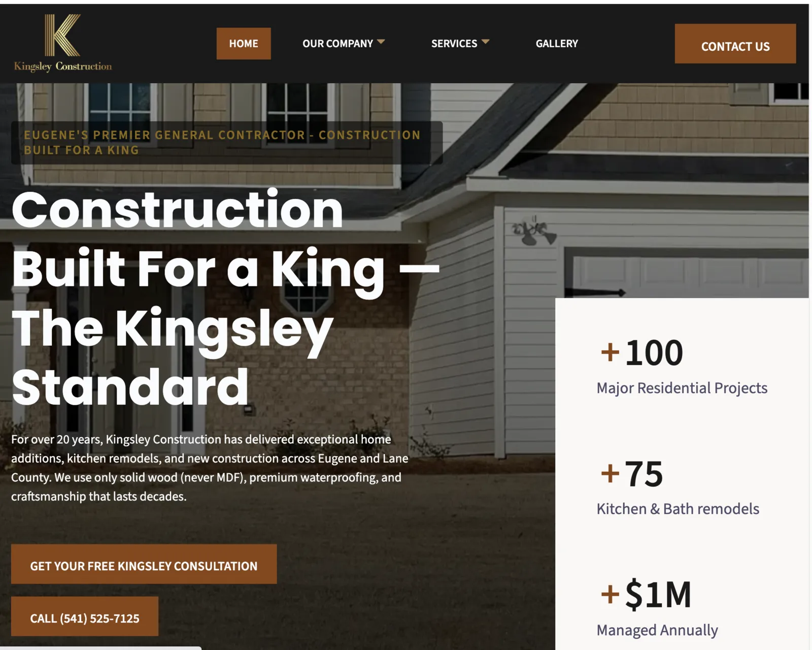 New Kingsley Construction website with modern dark design and professional imagery