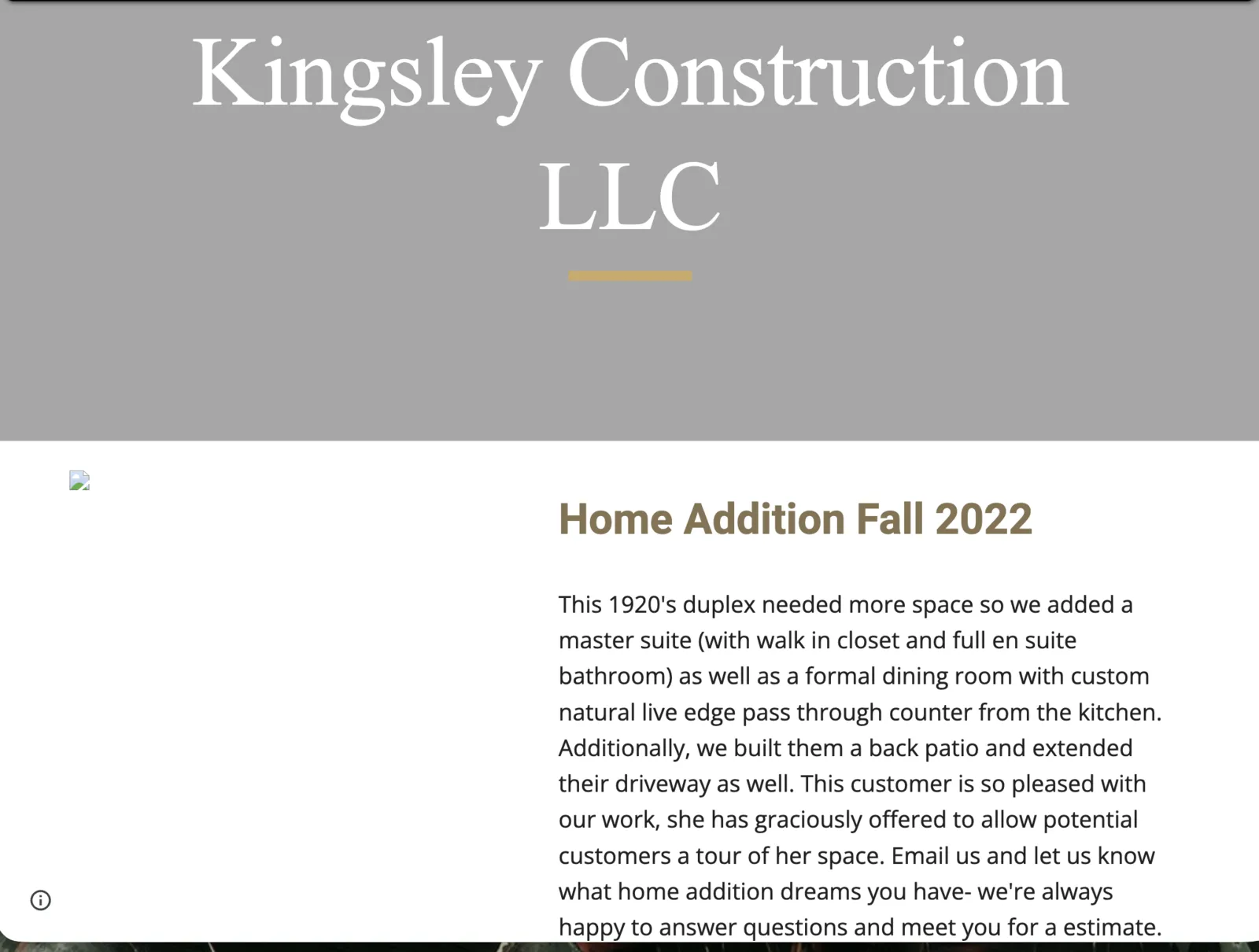 Old Kingsley Construction website with gray header and broken images