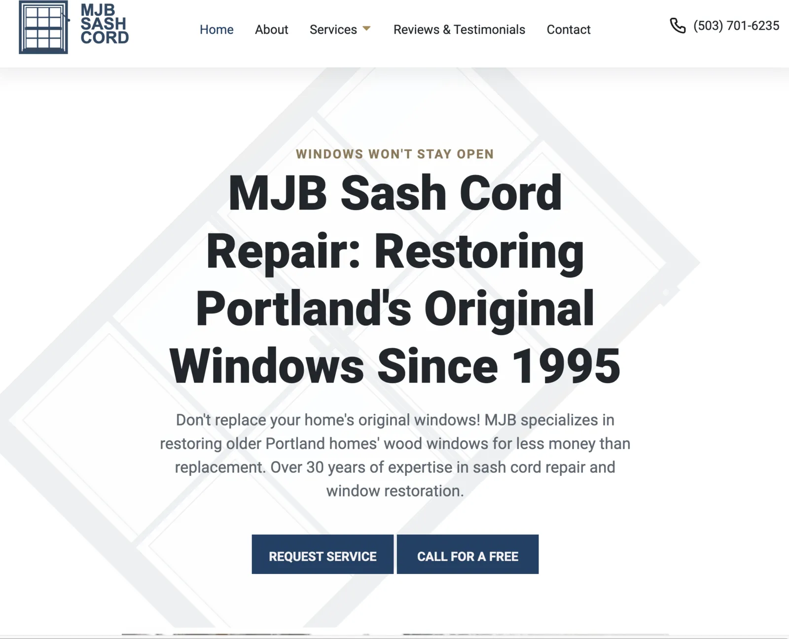 New MJB Sash Cord website with modern diamond pattern design and professional layout