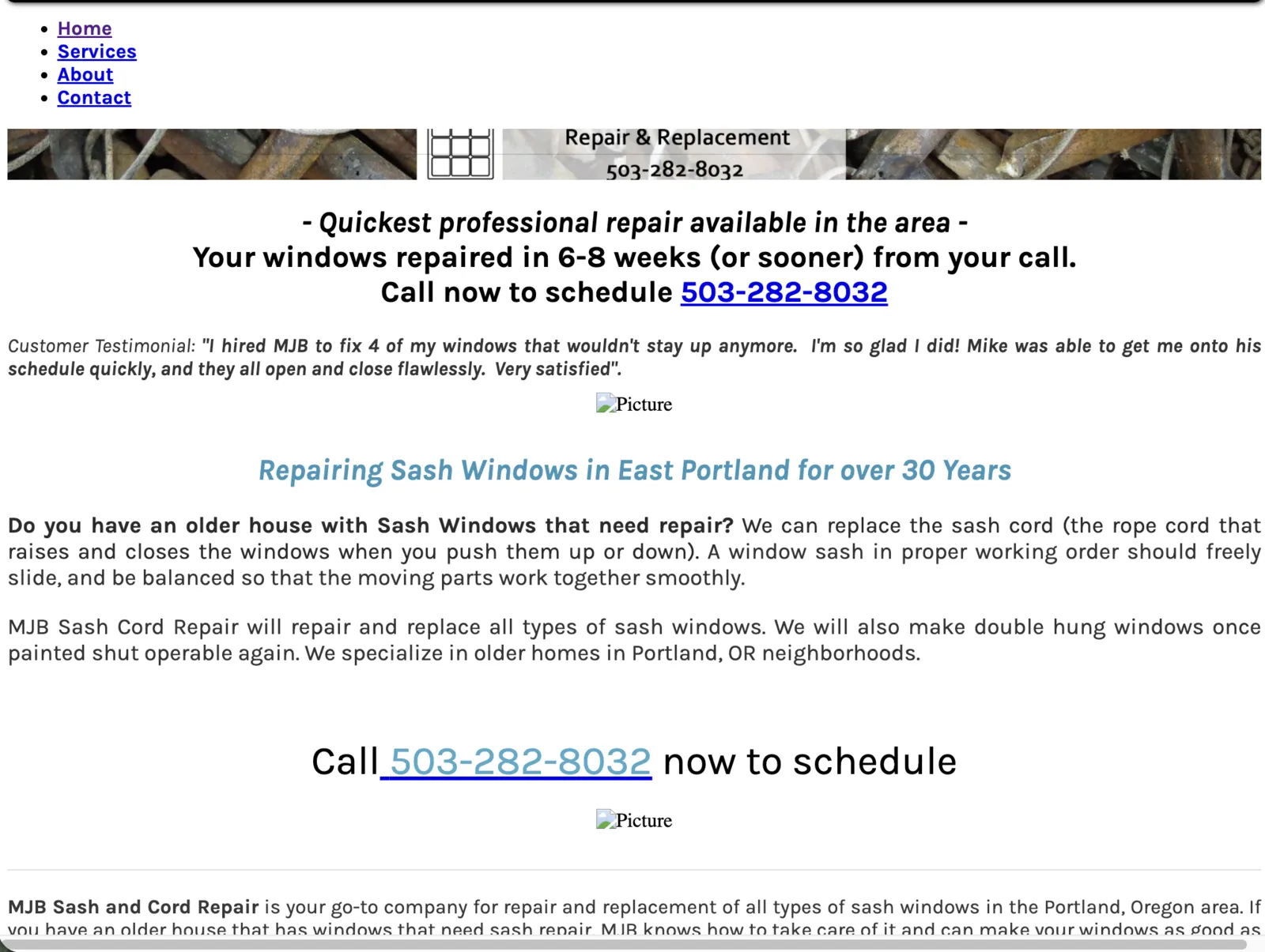 Old MJB Sash Cord website with plain HTML design and broken images